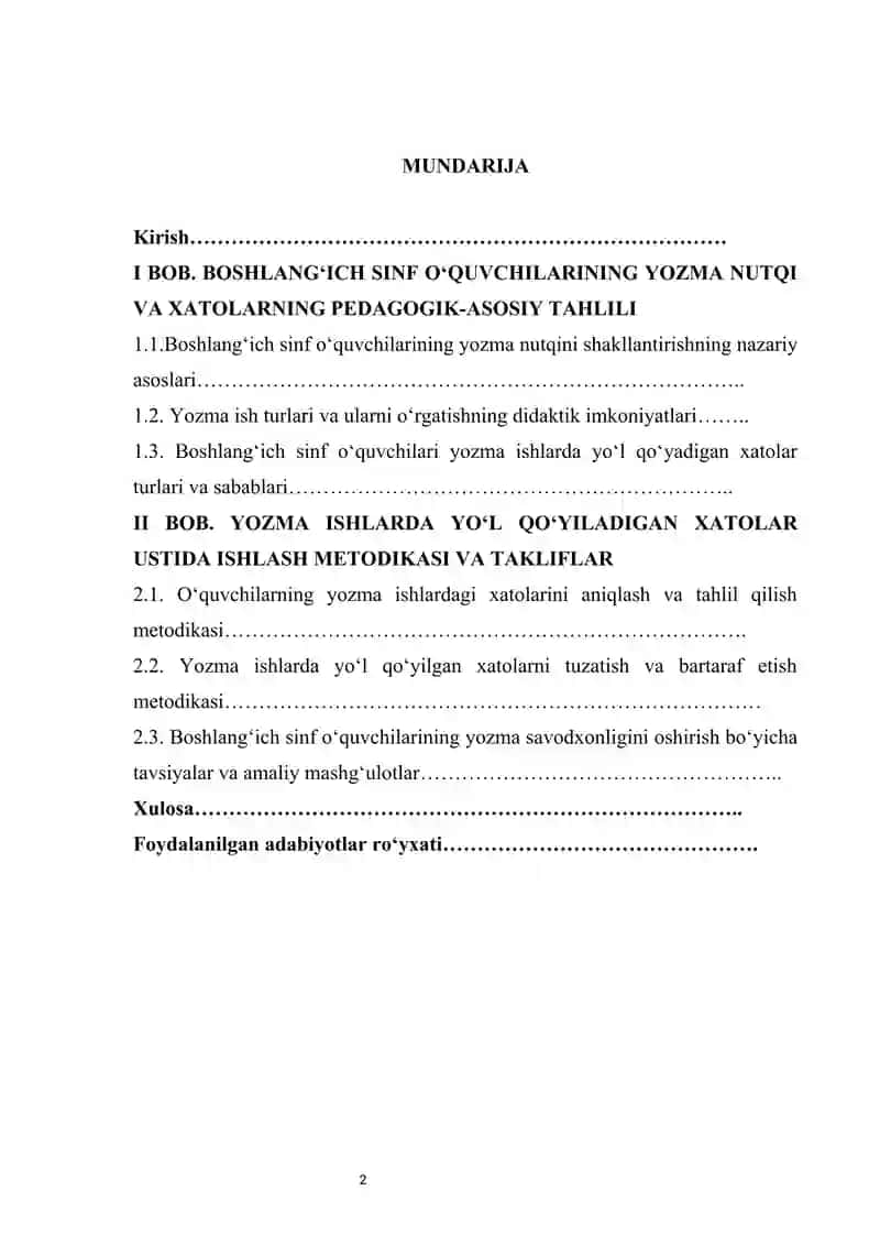 Boshlangʻich sinf oʻquvchilarining yozma ishlarda yoʻl qoʻyadigan xatolari ustida ishlash  KURS ISHI 2