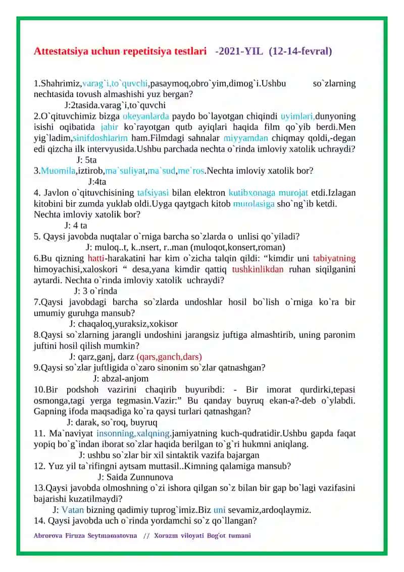 ONA TILI VA ADABIYOT FANIDAN ATTESTATSIYAGA TAYYORGARLIK UCHUN TEST SAVOLLARI 2