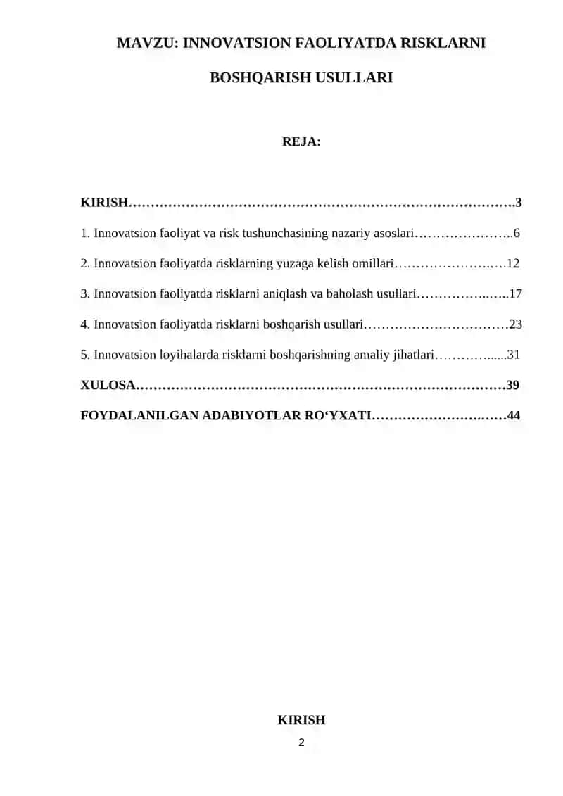 Kuris ishi: Innоvаtsiоn fаоliyаtdа risklаrni bоshqаrish usullаri 2