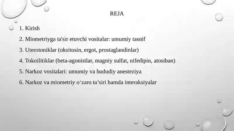 Miometriyga ta'sir etuvchi vositalar. Narkoz vositalari. 2