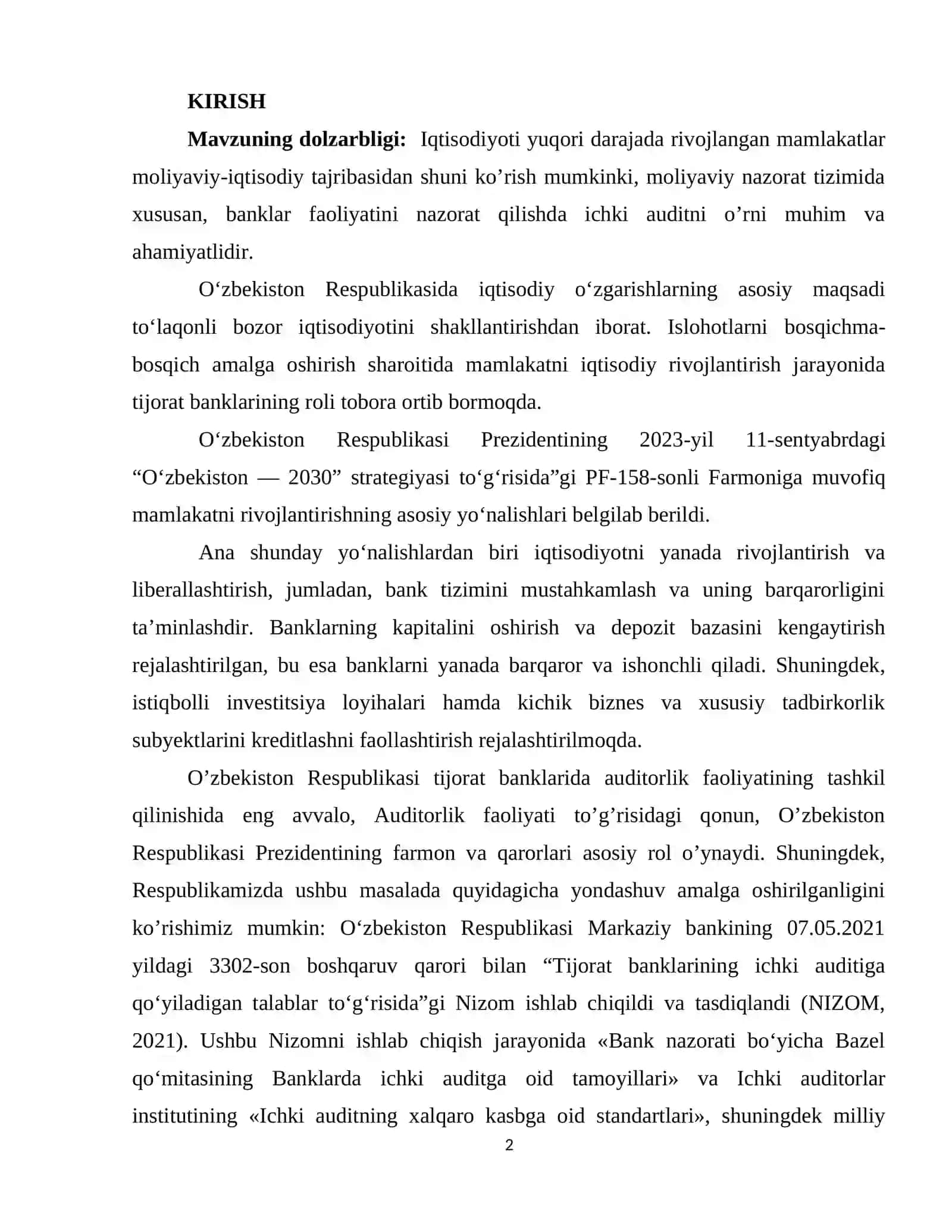 Tijorat banklarida ichki audit hizmatini rivojlantirish, samaradorligini oshirish masalalari 2