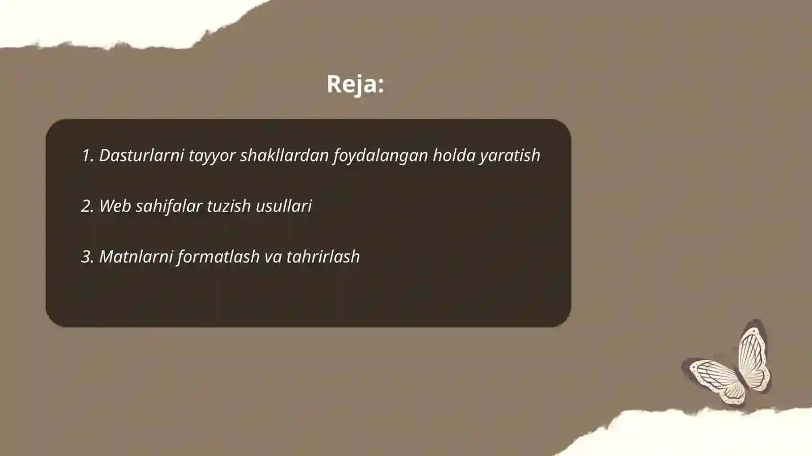 Dasturda tayyor shakllardan foydalanish mexanizmi. Web sahifalar yaratish. Matnlar, grafiklar va jadvallar ustida ishlash. Web sahifalarga giperbogʻlanish oʻrnatish 2