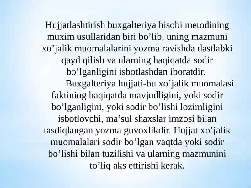 Hujjatlashtirish, Inventarizatsiya, Baholash va Kalkulyatsiya 2