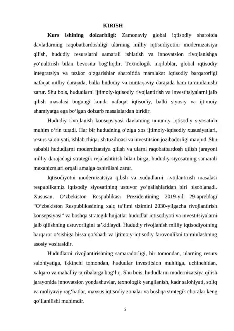 Iqtisodiyotni modernizatsiya qilish davrida xududlarni ijtimoiy- iqtisodiy rivojlantirish va investitsiyalarni jalb qilish yo'llari 2