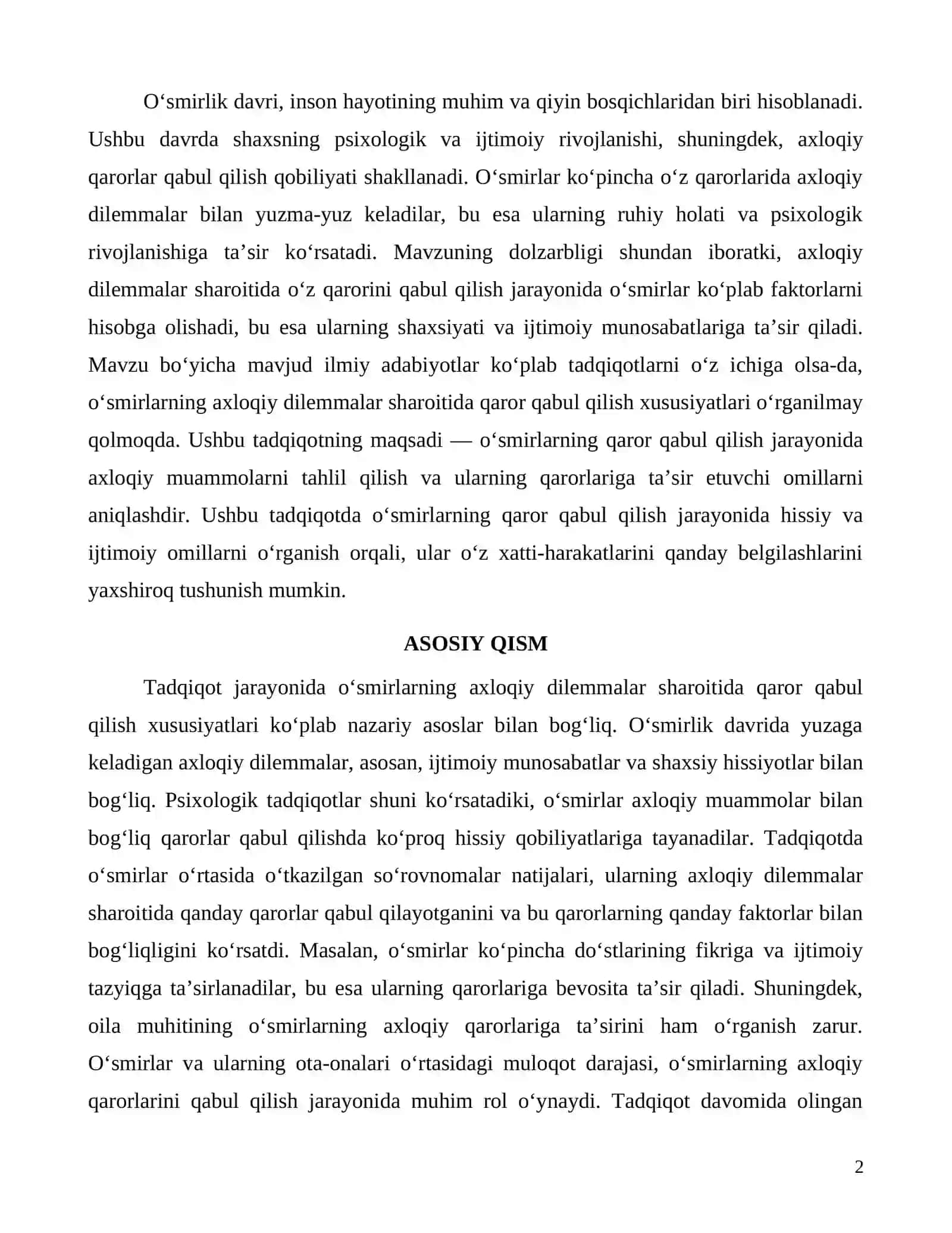 Axloqiy dilemmalar sharoitida o‘smirlarning qaror qabul qilish xususiyatlari 2