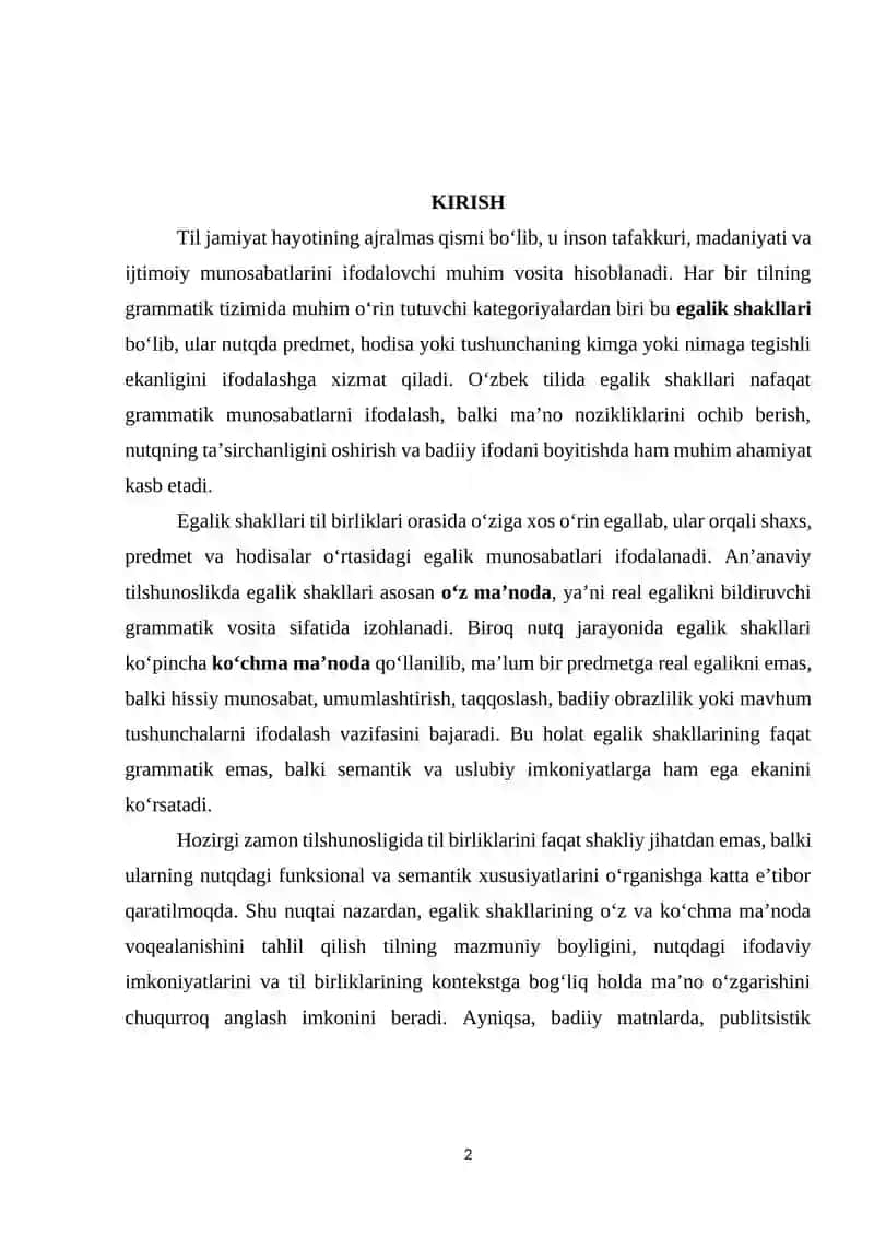 Egalik shakllarining o‘z va ko‘chma ma’nolarda voqelanishi 2