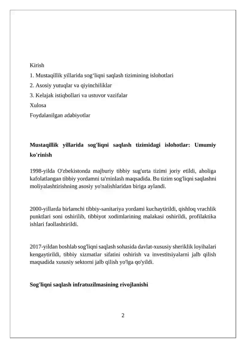 Mustaqillik yillarida sog'liqni saqlash tizimi islohotlari 2