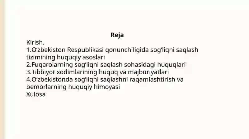O'zbekiston Respublikasi qonunchiligida sog'liqni saqlash va tibbiyotga oid masalalar 2