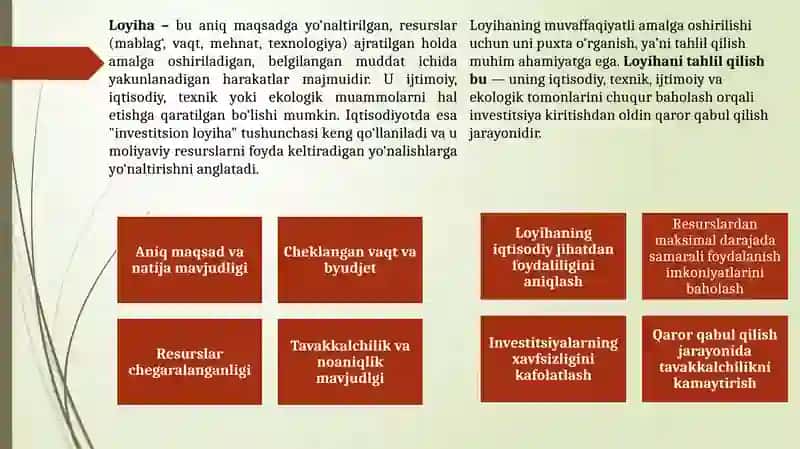 Loyiha tahlili bilan bog'liq iqtisodiy konsepsiyalar 2