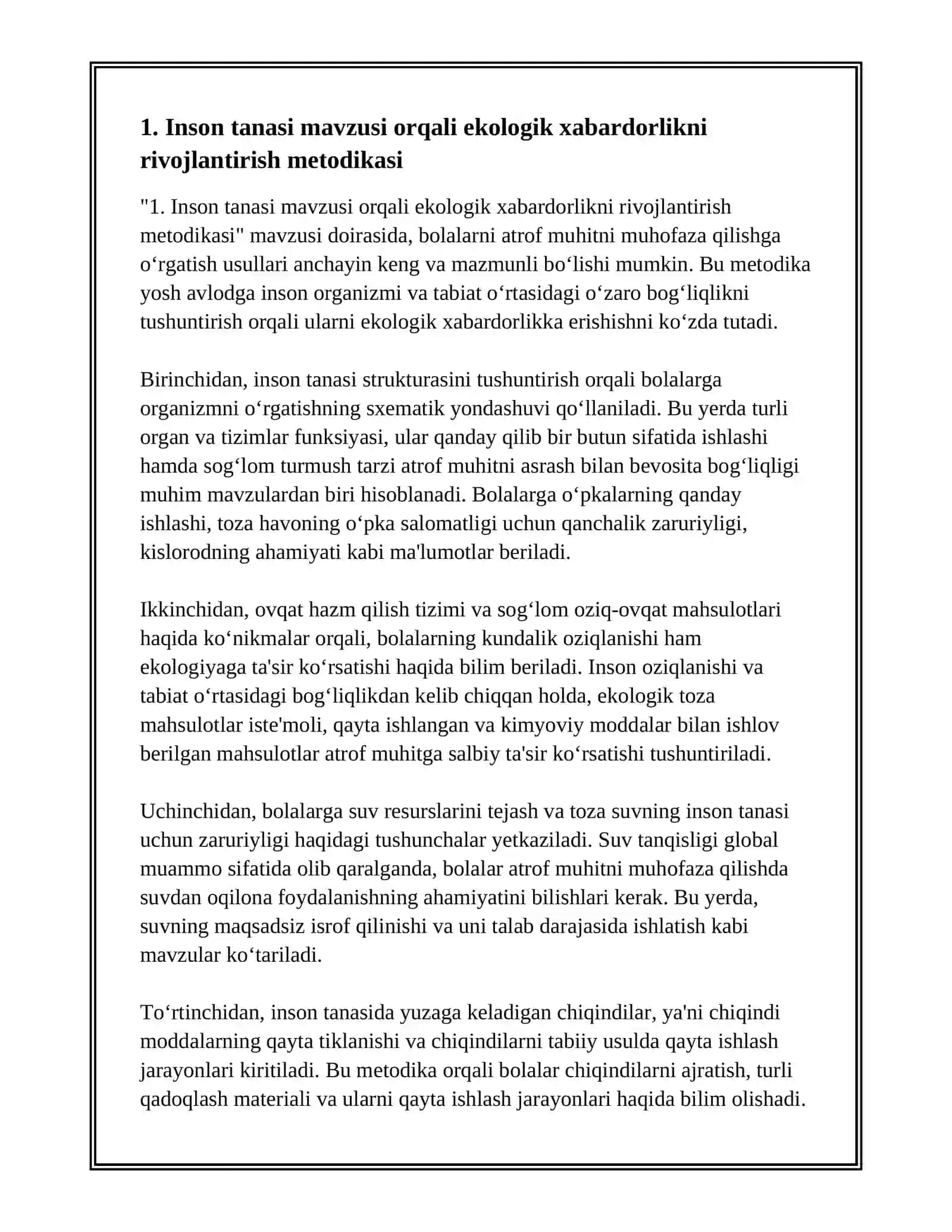 INSON TANASI MAVZUSI ASOSIDA BOLALARNI ATROF MUHITNI MUHOFAZA QILISHGA O'RGATISH METODIKASI 2