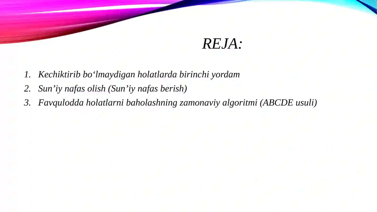 Kechiktirib bulsaydigan xolatlarda 1-yordam ko’rsatish. Sun’iy navas olish va yurakni bilvosita massaj qilish chuntak ingalyatorlaridan tug’ri foydalanish 2