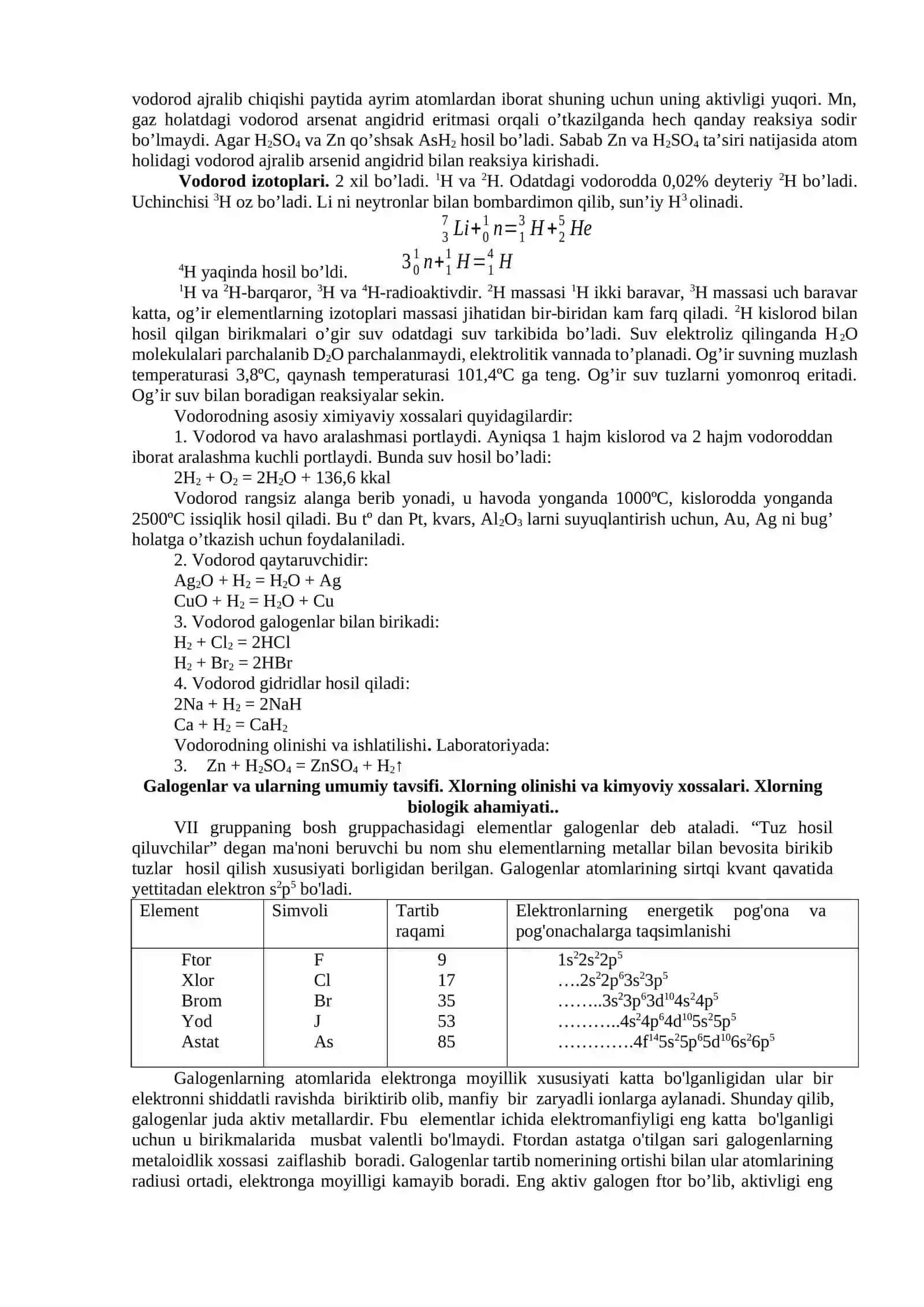 Metallmaslar. Vodorod, uni olinishi, fizikaviy va kimyoviy xossalari 2