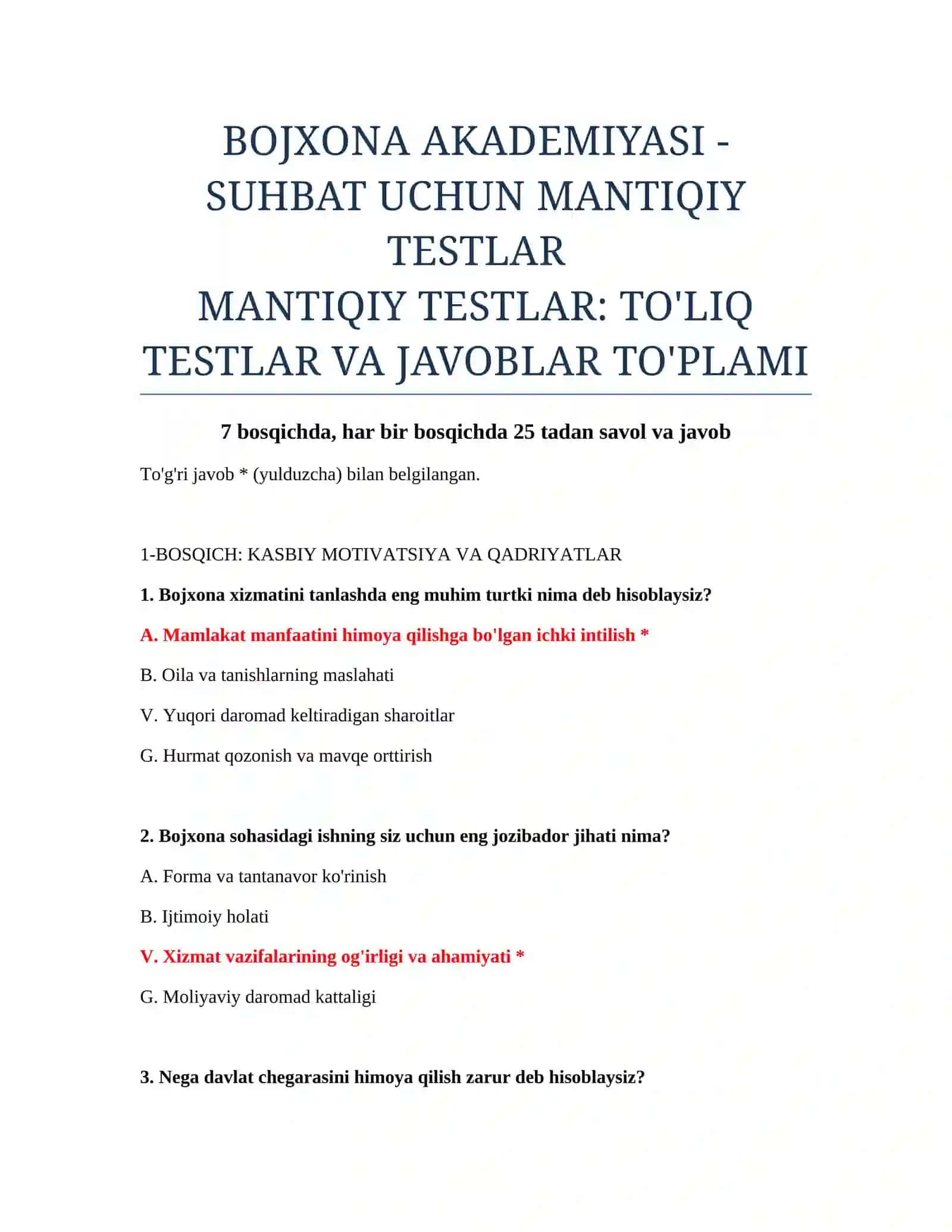 BOJXONA AKADEMIYASI - SUHBAT UCHUN MANTIQIY TESTLAR 2