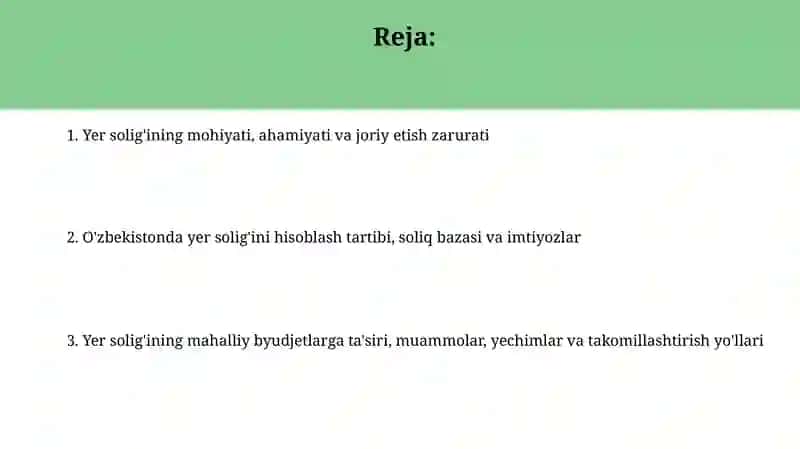 O'zb Res soliq tizimiga yer solig'inig joriy etish va uning iqtisodiy mohiyati 2