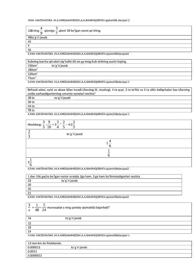 Matematika 6-sinf uchun barcha chorak testlar 2