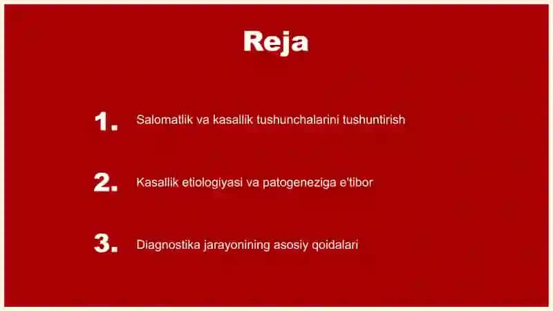 Salomatlik, moslashuv, kasallik (nozologiya ), etiologiya, patogenez, sindrom, simptom, semiotika (s 2