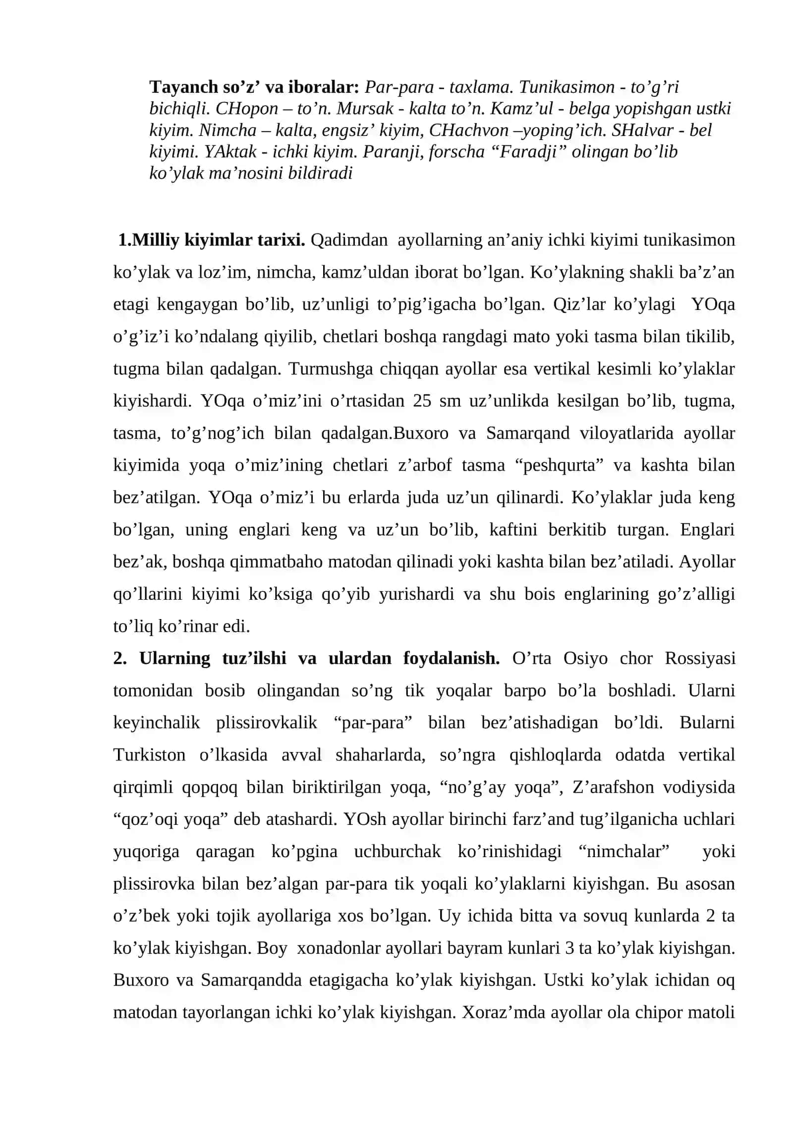 Milliy kiyimlar - chopon, yaktak, qiyiq va b. ularning tuz’ilishi va ulardаn foydalаnish. Tikish usullari 2