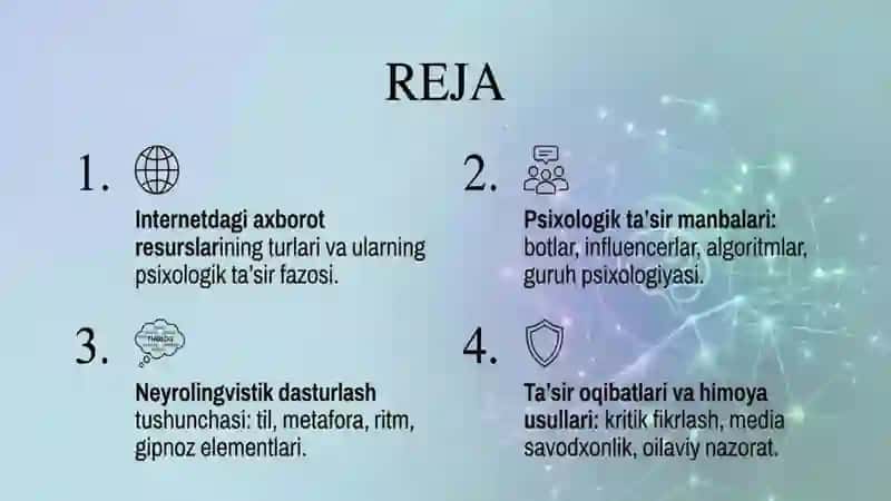 Internetdagi axborot resurslar, Axborotli-psixologik ta’sir manbalari, Neyrolingvistik dasturlash 2