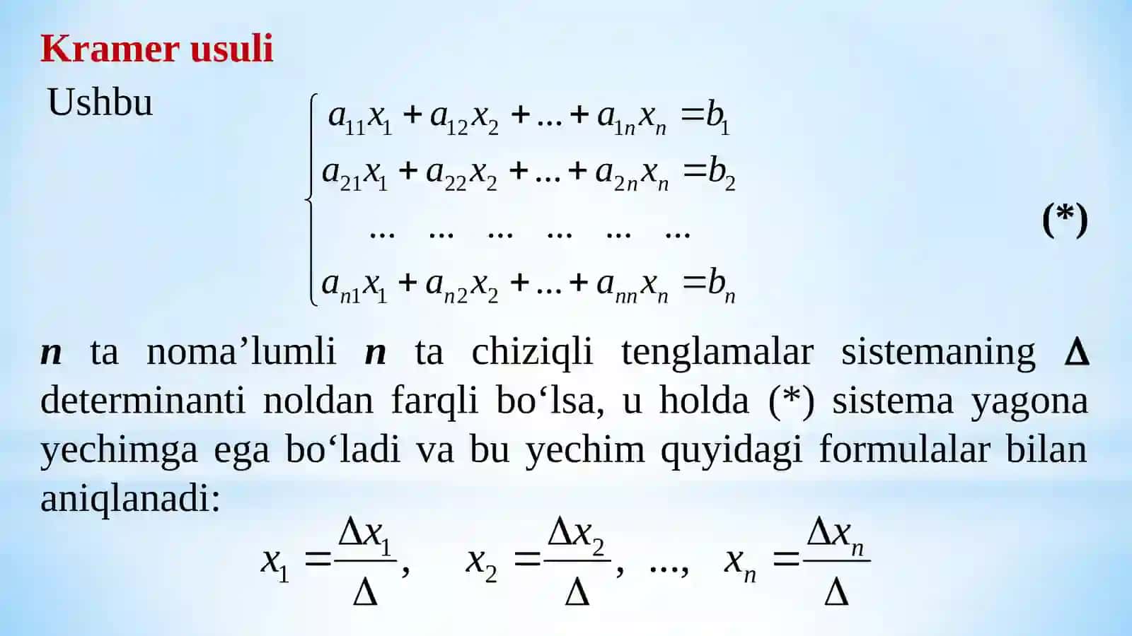 ChIZIQLI TENGLAMALAR SISTEMASINI YECHISHNING KRAMER VA MATRITSALAR USULI 2