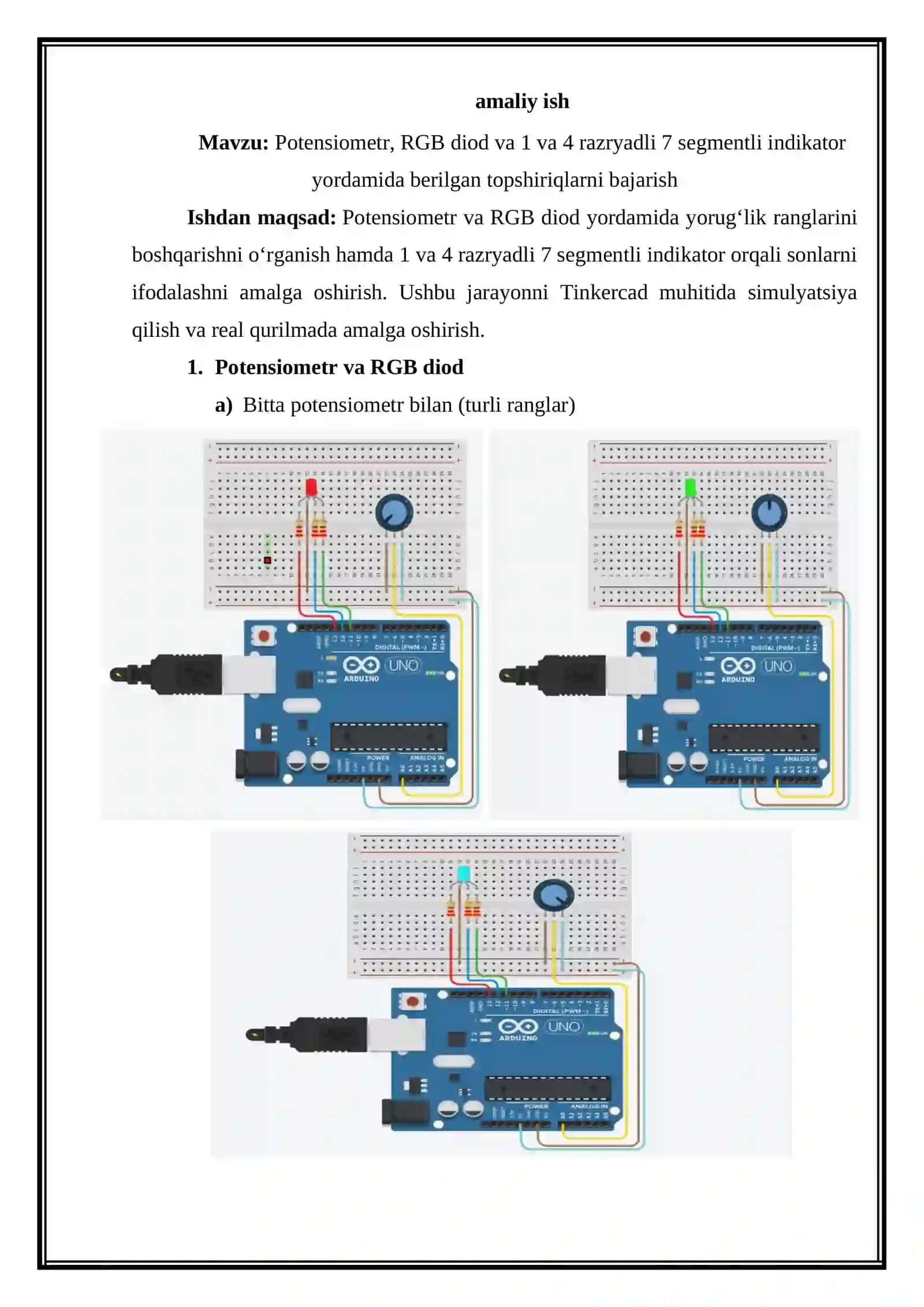 Potensiometr, RGB diod va 1 va 4 razryadli 7 segmentli indikator yordamida berilgan topshiriqlarni bajarish 2
