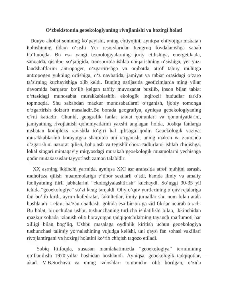 Geoekologiya. O`zbekistonda geoekologiya fanining rivojlanishi. 2