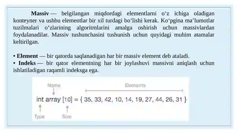 Ma’lumotlar tuzilmalarining umumiy ko’rinishi(massiv vector yozuv). Chiziqli ma’lumotlar tuzilmalari. Statik va dinamik massivlar. Chiziqli konteynerlar va ularni qo’llash. Iteratorlar. 2