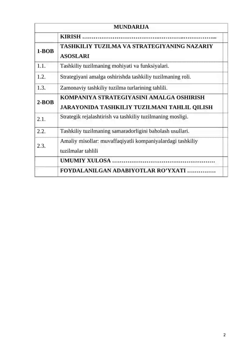 "KOMPANIYA STRATEGIYASINI AMALGA OSHISHIR NUTQAI NAZARIDAN TASHKILIY TUZULMANI TAHLIL QILISH" MAVZUSIDAGI KURS ISHI 2