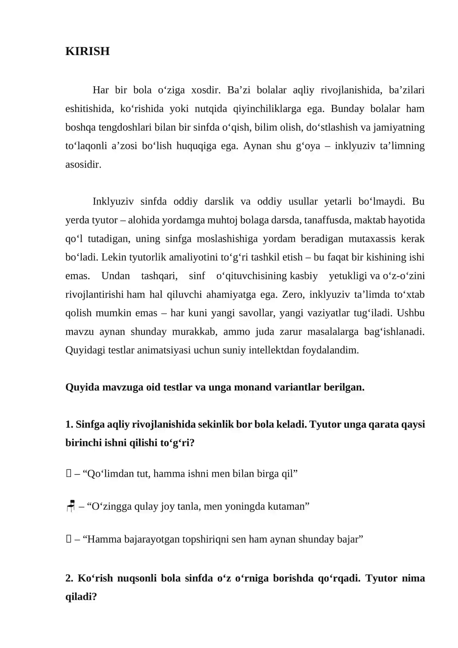 Aqliy rivojlanishi, eshitish, ko‘rish, nutqida nuqsoni bor bolalar. Inklyuziv ta‘lim, 2