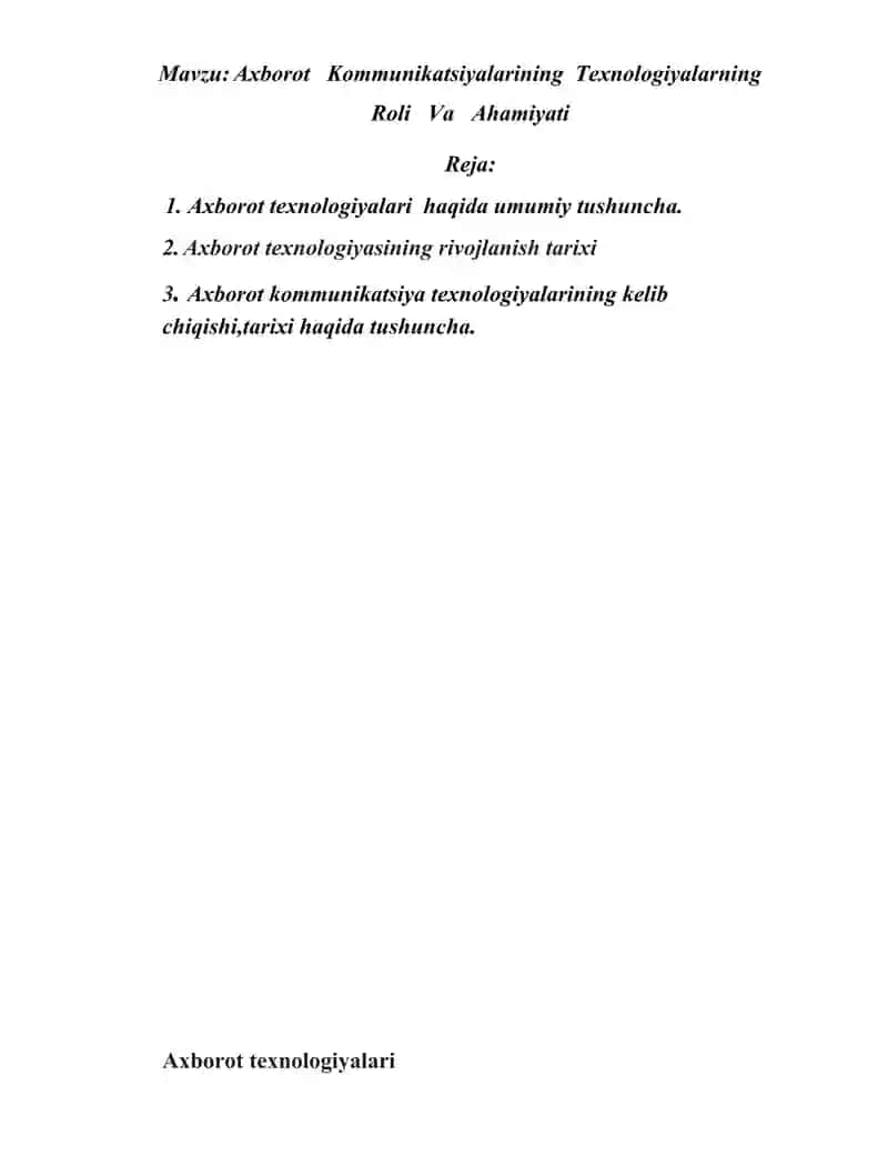 Axborot   Kommunikatsiyalarining  Texnologiyalarning Roli   Va   Ahamiyati 2