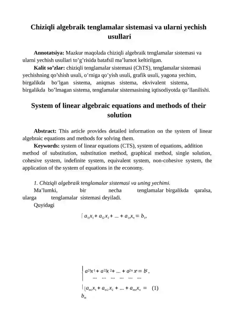 Chiziqli algebraik tenglamalar sistemasivaularni yechish usullari 2