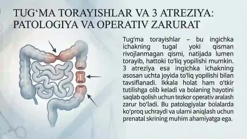 O'trir ingichka ichak tutilishida, tug'ma torayishlarda va 3 atreziyalarda bajariladigan operatsiyal 2