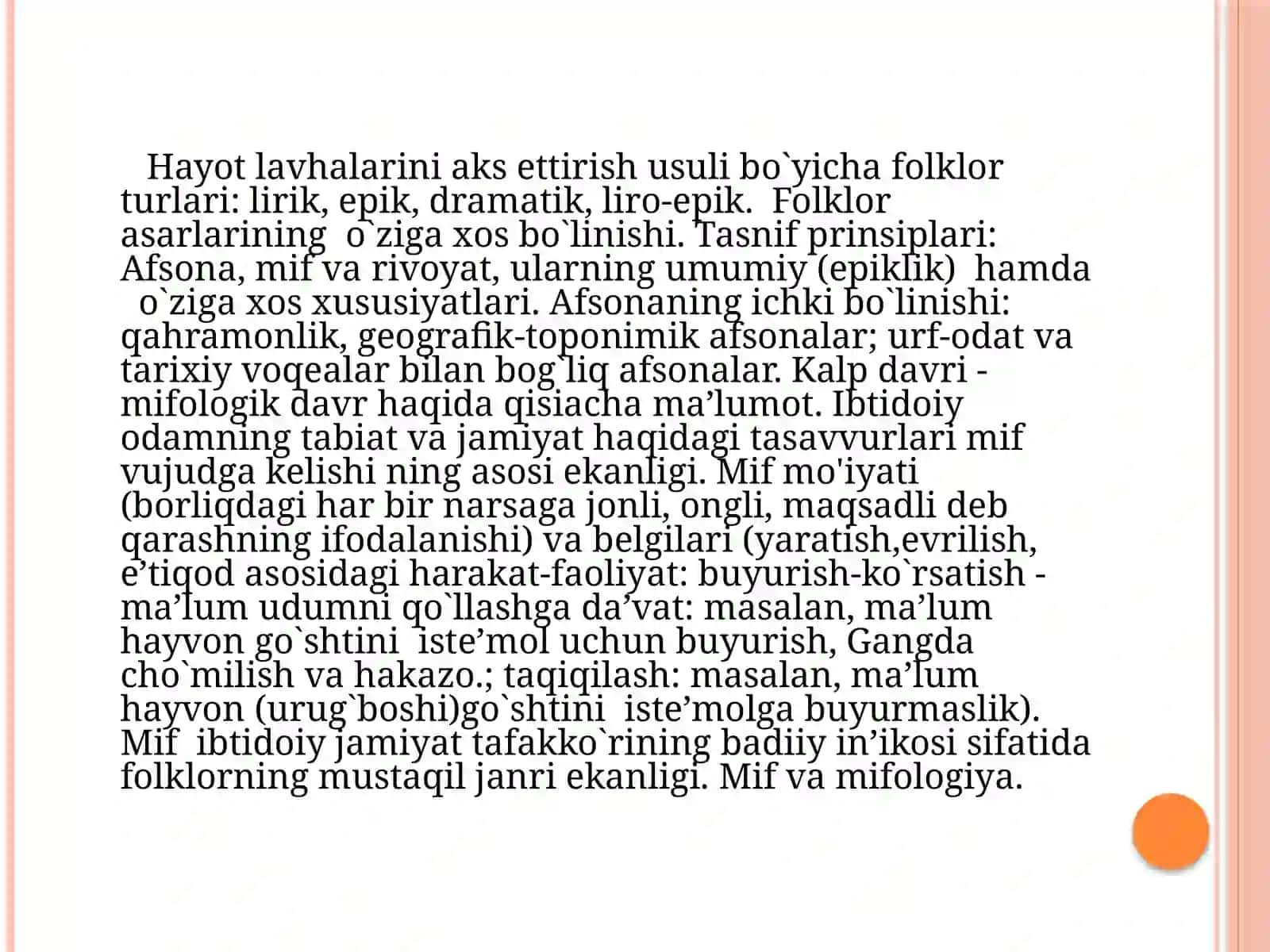 O`ZBEKFOLKLORINING TUR VA JANRLARI. AFSONA. RIVOYAT. MIF 2