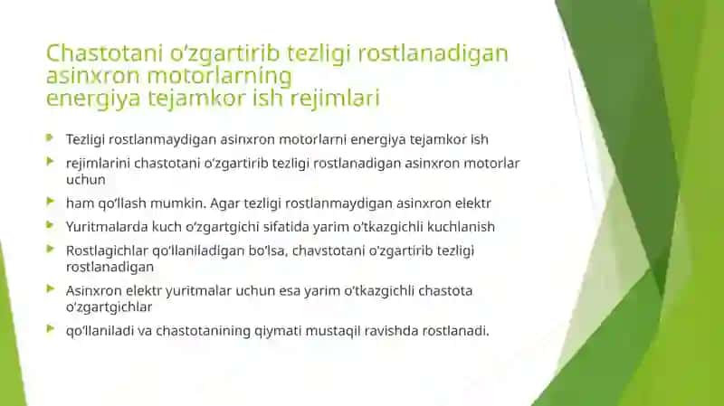 Chastotani o'zgartirib tezligi rostlanadigan energetika tejamkorlik yuritmalari 2