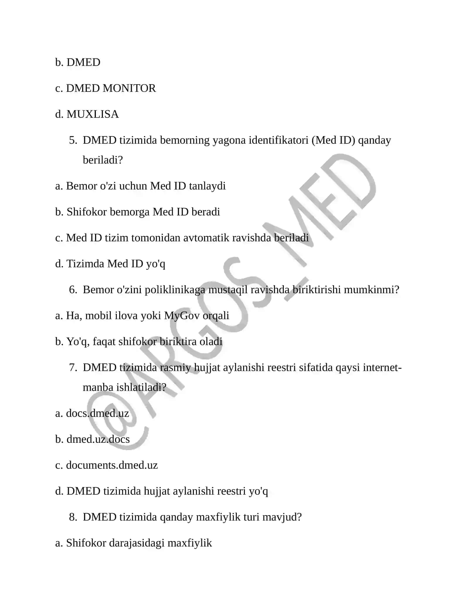 DMED tizimi bo'yicha testlar argos test savol javoblari 2