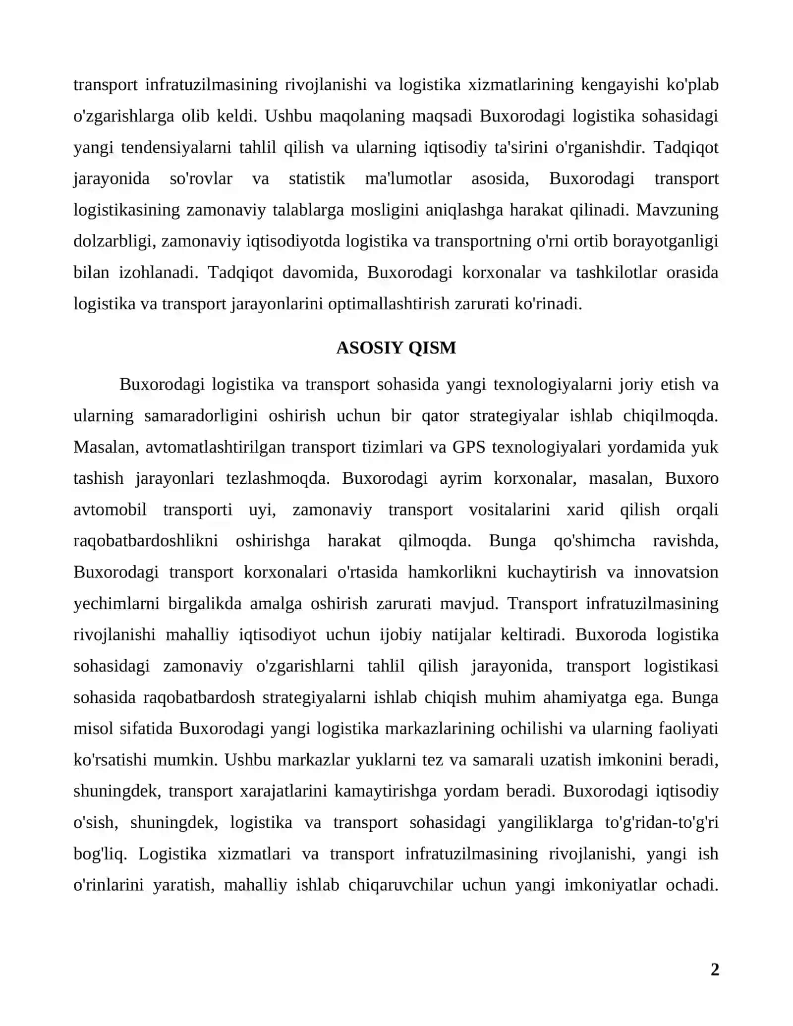 Buxorodagi logistika va transport logistikasidagi yangiliklar va tamoyillari 2