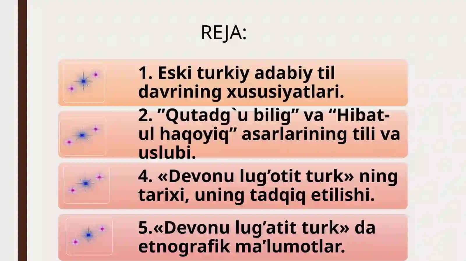 O`ZBEK XALQI VA TILINING NOMLANISH TARIXI. O`ZBEK ADABIY TILINING SHAKLLANISHIDA BOSHQA TIZIMDAGI TILLARNING O`RNI. O`ZBEK ADABIY TILINING QADIMGI VA ESKI TURKIY TIL DAVRLARI 2