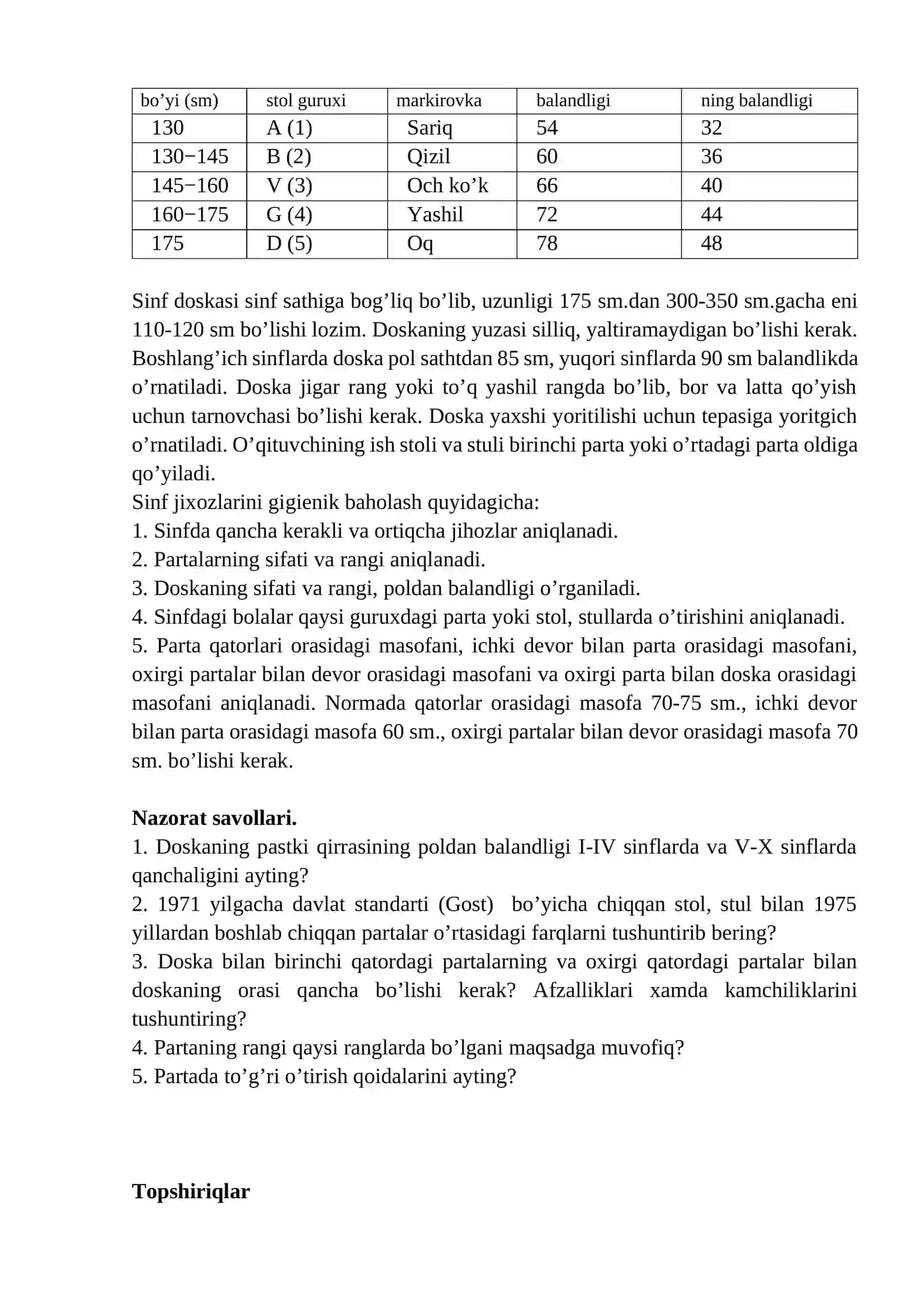 O’quv muassasalarining o’quv xonalari, ustaxonalar va sport zallari va ularning jihozlanishini gigienik baholash 2