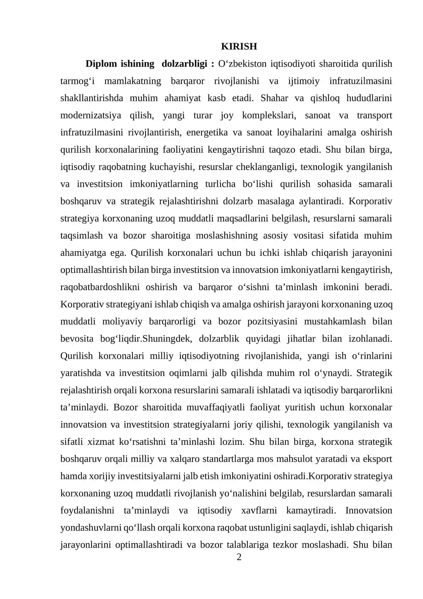 O‘ZBEKISTONDA QURILISH KORXONALARINING O‘SISHINI TA’MINLASHDA KORPORATIV STRATEGIYANING O‘RNI (ARTEL ENGINEERING & MANAGEMENT KORXONASI MISOLIDA) 2