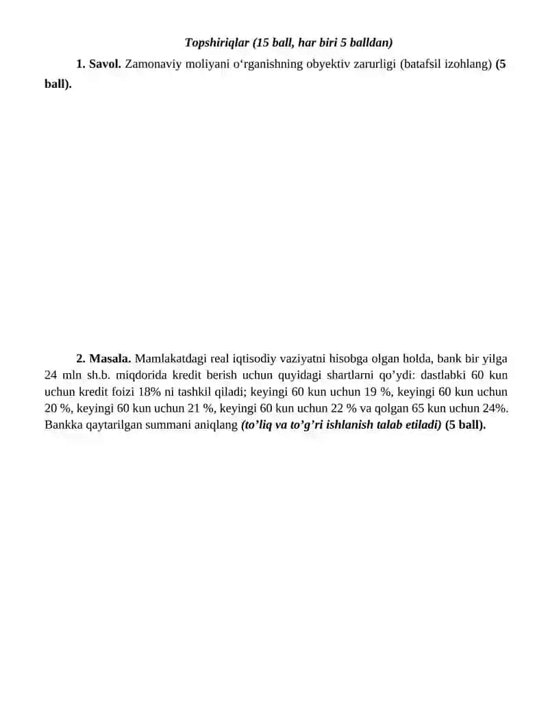 Oraliq nazorat (20 ball) 9-variant Test 2