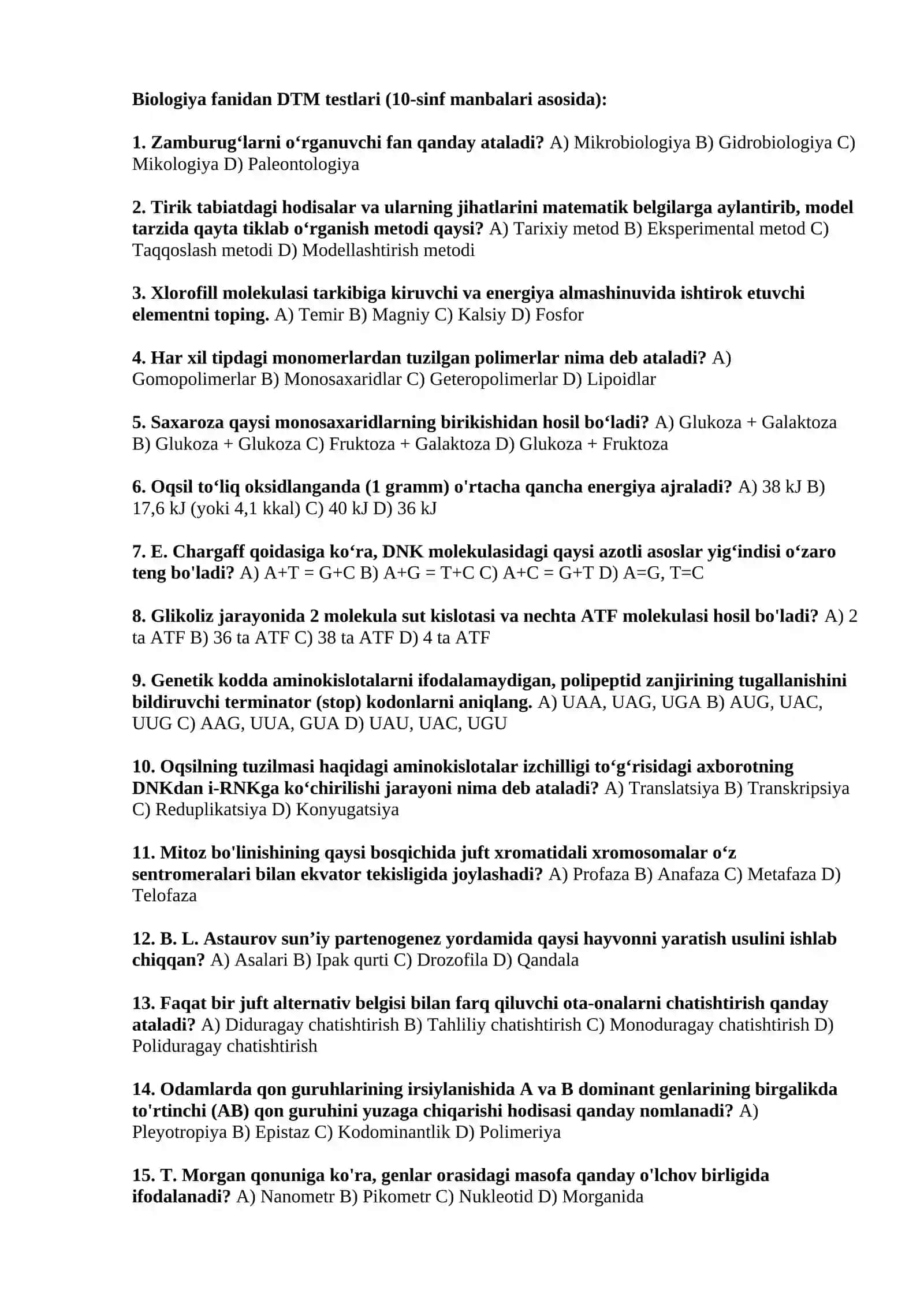 Biologiya 2026: 10-sinf darsligi asosida mukammal testlar (Javoblari bilan) 2