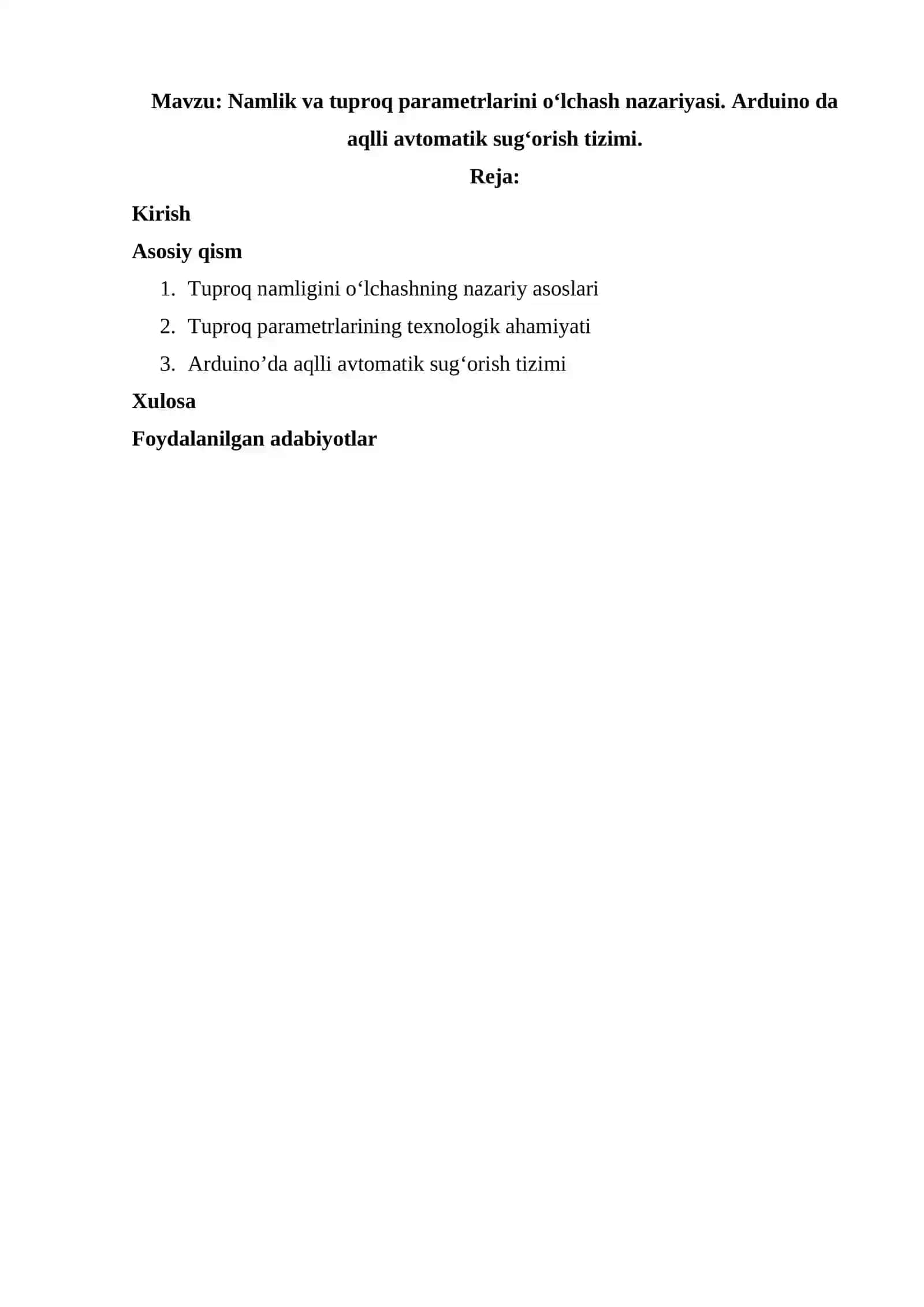 Namlik va tuproq parametrlarini o‘lchash nazariyasi. Arduino da aqlli avtomatik sug‘orish tizimi. 2