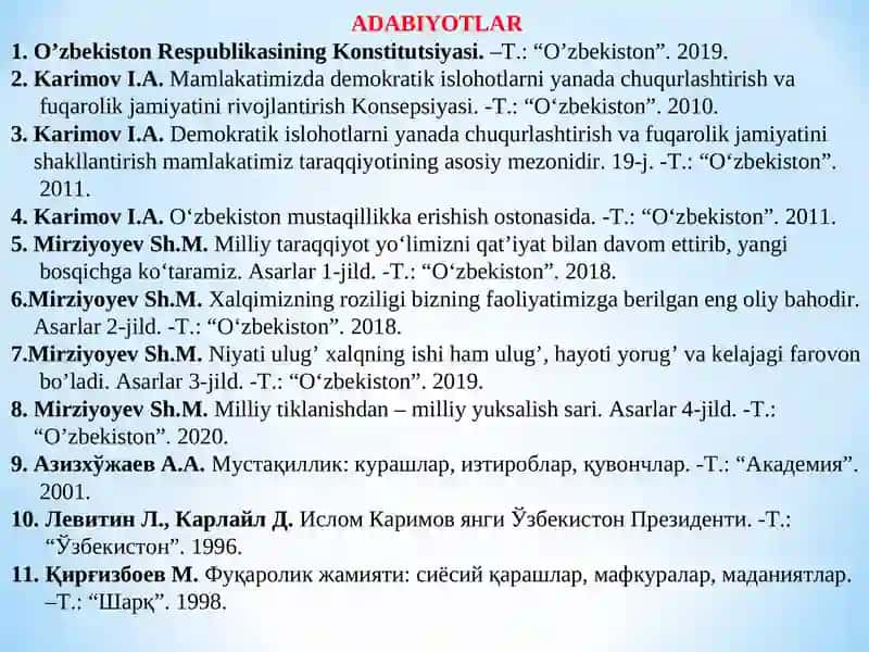 O‘zbekistonda demokratik, fuqarolik jamiyati asoslarining shakllanishi, amalga oshirilgan siyosiy islohotlar 2