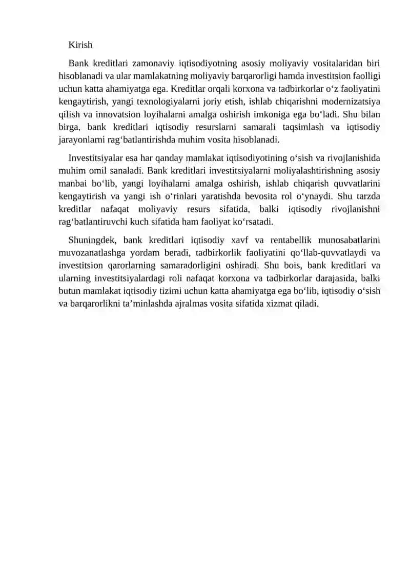 Bank kreditlari va ularning investitsiyalardagi o'rni 2