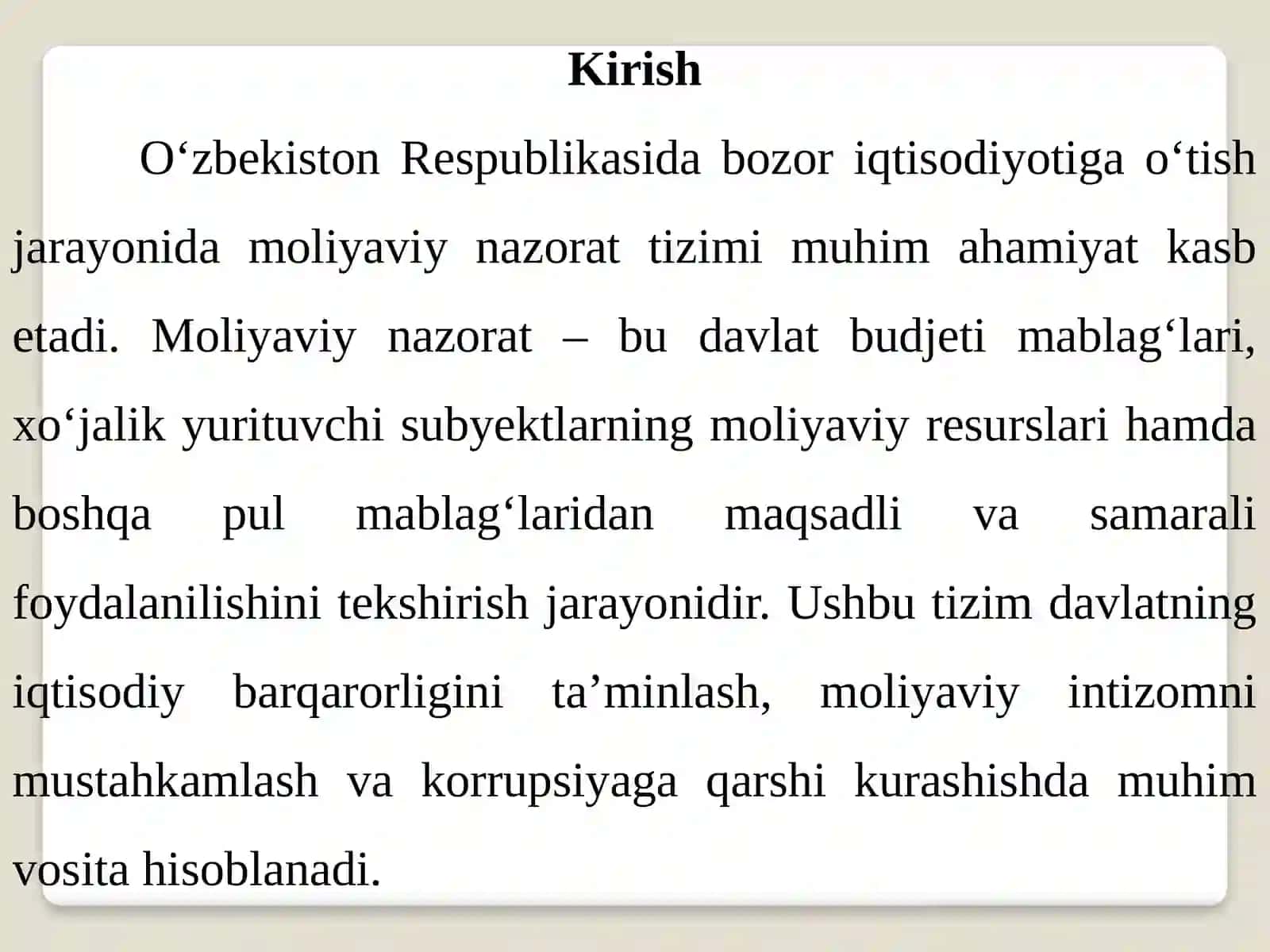 O'zbekiston Respublikasi moliyaviy nazorat tizimidagi auditbi o'rni 2