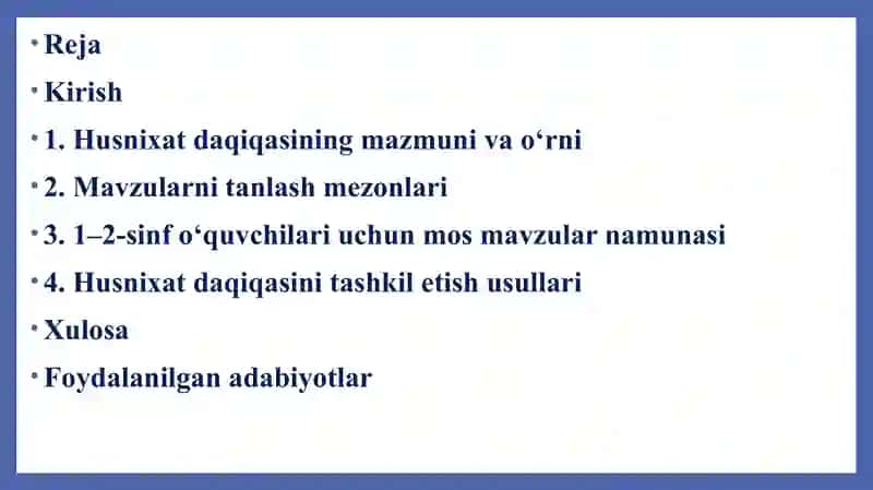 1–2-sinfouquvchilari husnixat daqiqasi uchun mavzular tanlash va yozish 2