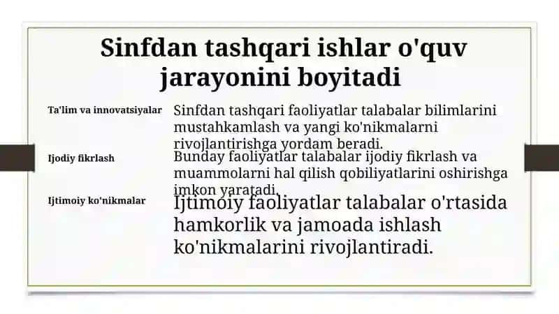SINFDAN TASHQARI ISHLARNING SHAKLARI VA TASHKIL ETISH OMILLAR 2