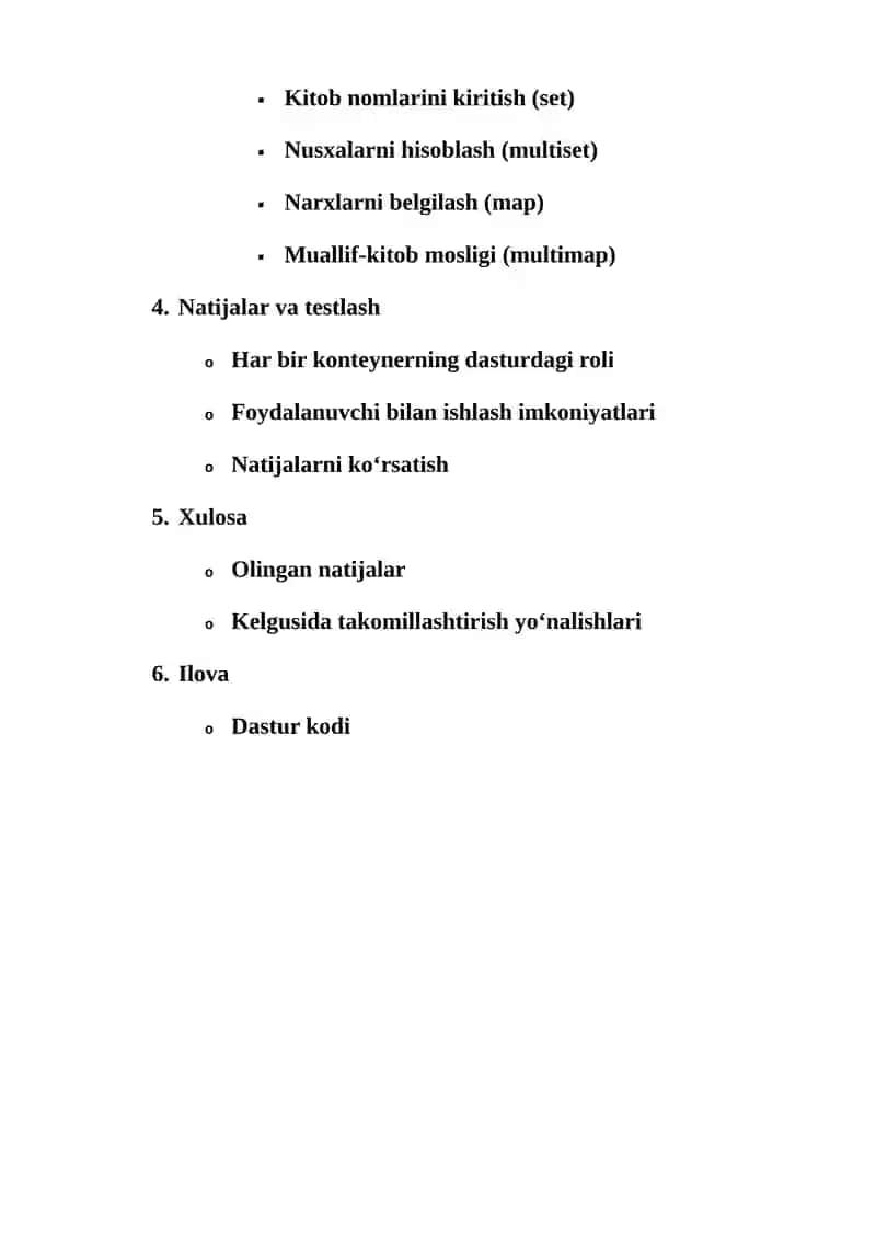 SET, MULTISET, MAP, MULTIMAP KONTEYNERLARINI QO‘LLAGAN HOLDA AMALIY DASTUR ISHLAB CHIQISH 2