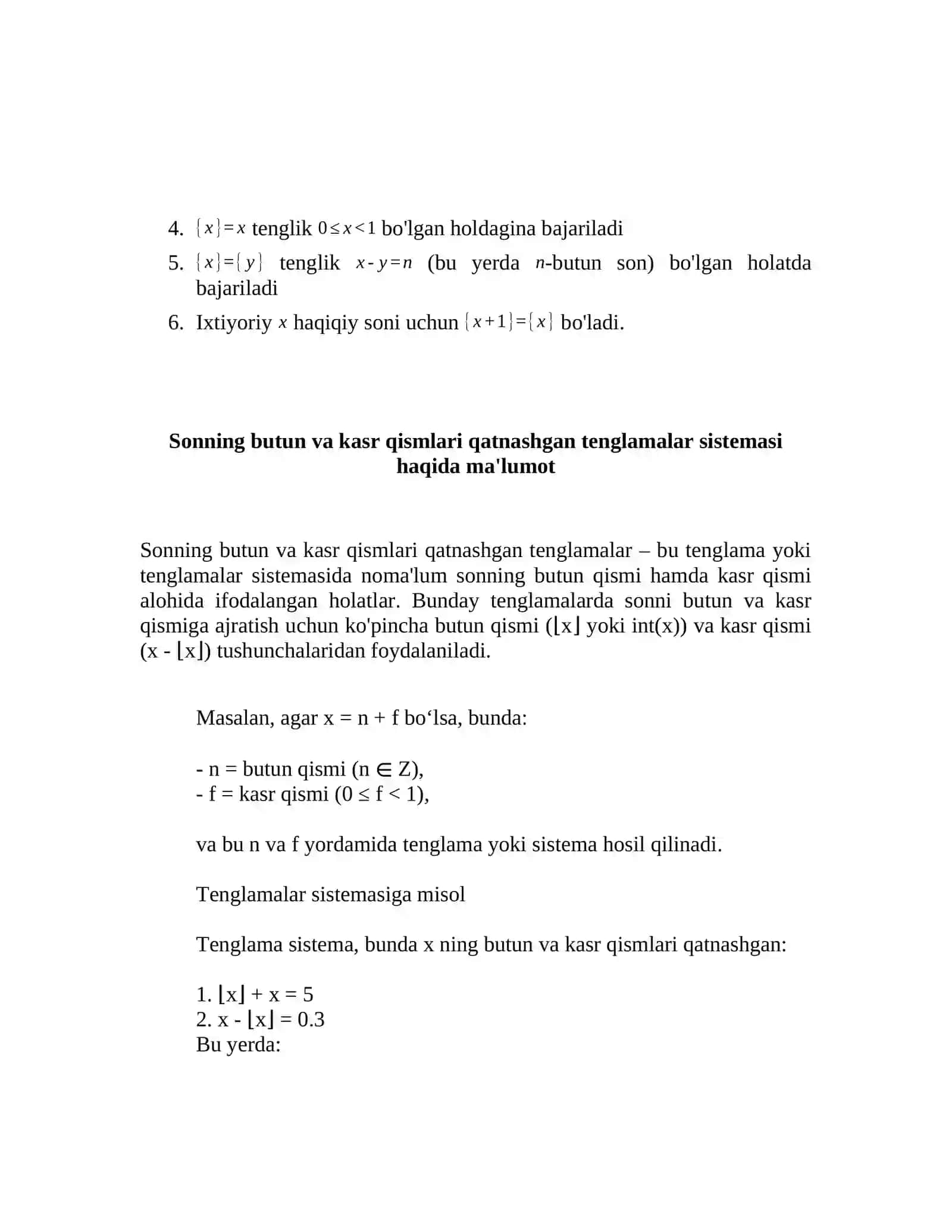 NOMA’LUMNING BUTUN VA KASR QISMLARI QATNASHGAN TENGLAMALAR SISTEMASI 2
