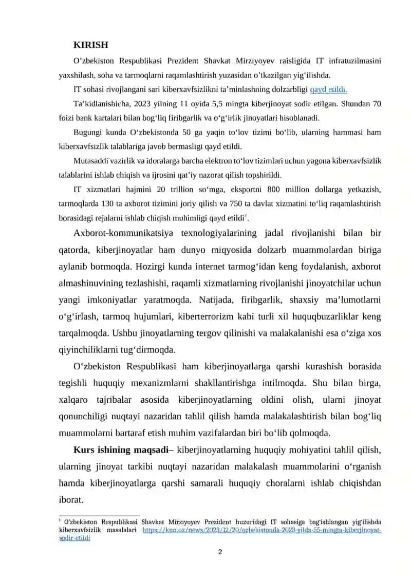 KIBERJINOYATLAR: JINOIY-HUQUQIY TAHLIL VA MALAKA MUAMMOLARI 2