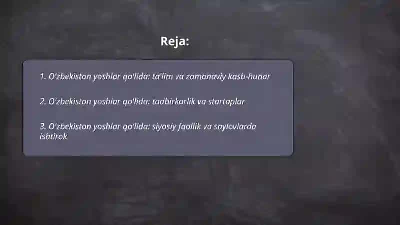 O‘zbekiston yoshlar qo‘lida: ta'lim va zamonaviy kasb-hunar 2